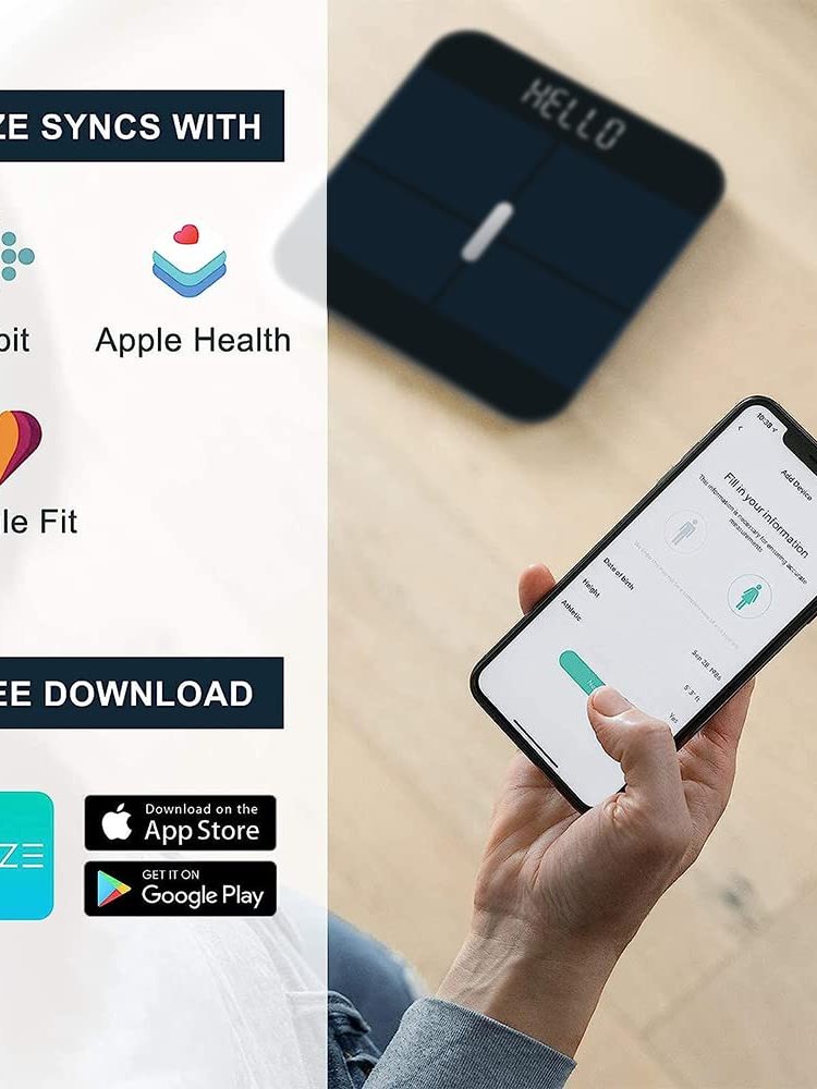 Smart scale with smartphone app interface and Apple Health integration on a light wooden surface.