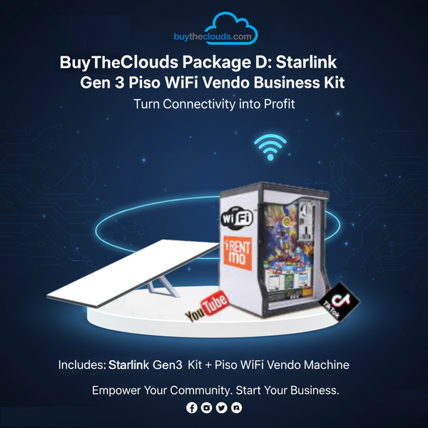 Launch your profitable Vendo business! Package D includes the new Starlink Gen 3 Kit and Piso WiFi machine for high-speed, reliable, coin-operated internet.