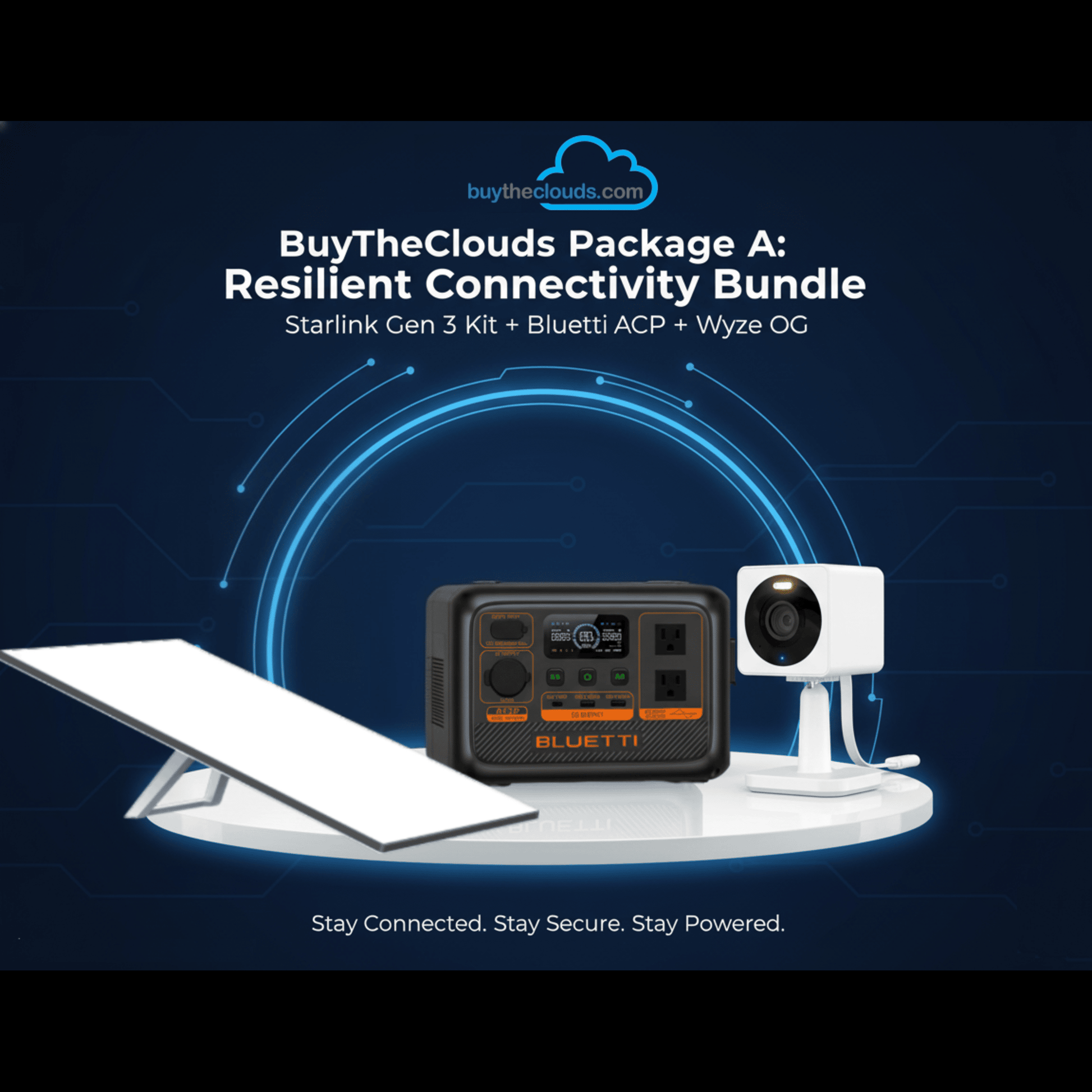 BuyTheClouds Package A: Get the Bluetti AC2P power, Starlink Gen 3 internet, and Wyze OG security. Your complete, portable, off-grid system is here.