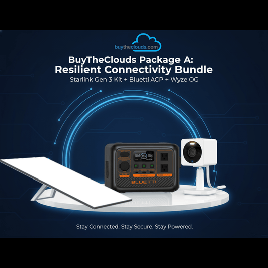 BuyTheClouds Package A: Get the Bluetti AC2P power, Starlink Gen 3 internet, and Wyze OG security. Your complete, portable, off-grid system is here.