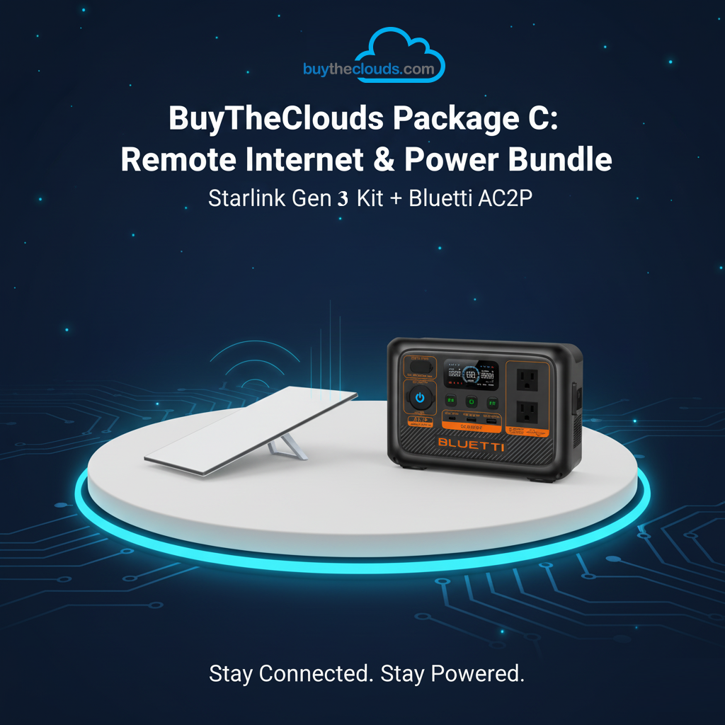 BuyTheClouds Package C pairs the Starlink Gen 3 Kit with the Bluetti AC2P for complete off-grid internet and portable power independence.