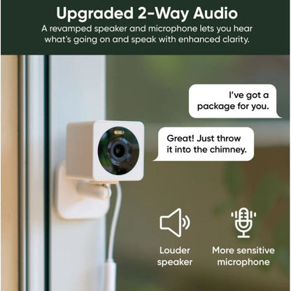 Smart doorbell with text about upgraded 2-way audio features on a green background.