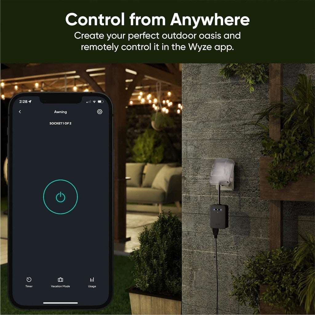 Power your patio with the HomeConnect Wyze Outdoor Smart Plug. It features dual outlets, IP64 weatherproofing, and energy monitoring for reliable control over your outdoor devices.