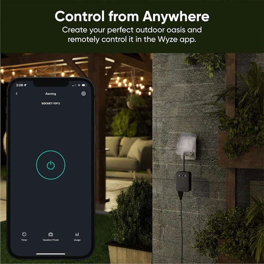 Power your patio with the HomeConnect Wyze Outdoor Smart Plug. It features dual outlets, IP64 weatherproofing, and energy monitoring for reliable control over your outdoor devices.