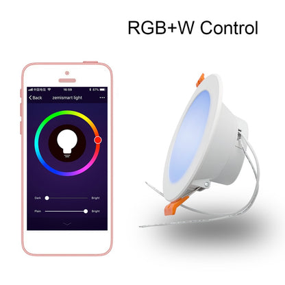Smart light control app on a phone with a white LED light fixture displaying RGB+W control.