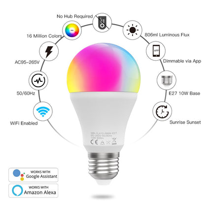 Transform your lighting! This HomeConnect Smart RGB LED Bulb offers millions of colors and is fully dimmable. Features 10W brightness and easy app control for any mood.