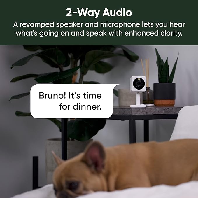 Dog lying on a bed with a speaker and microphone on a table, indicating two-way audio feature.