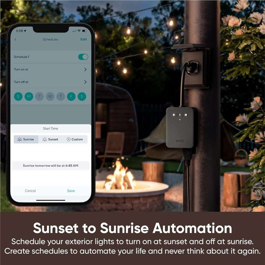 Power your patio with the HomeConnect Wyze Outdoor Smart Plug. It features dual outlets, IP64 weatherproofing, and energy monitoring for reliable control over your outdoor devices.