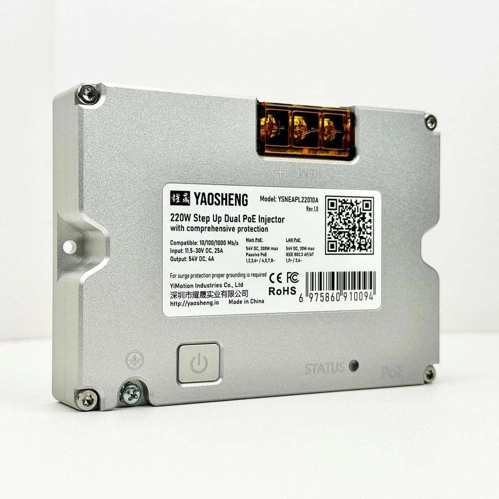 Power your Starlink GEN3 dish with the Yaosheng 220W Dual PoE Injector. Step up power for custom setups or off-grid systems requiring high, stable wattage.