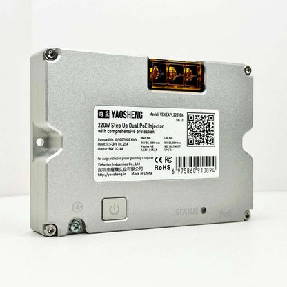 Power your Starlink GEN3 dish with the Yaosheng 220W Dual PoE Injector. Step up power for custom setups or off-grid systems requiring high, stable wattage.