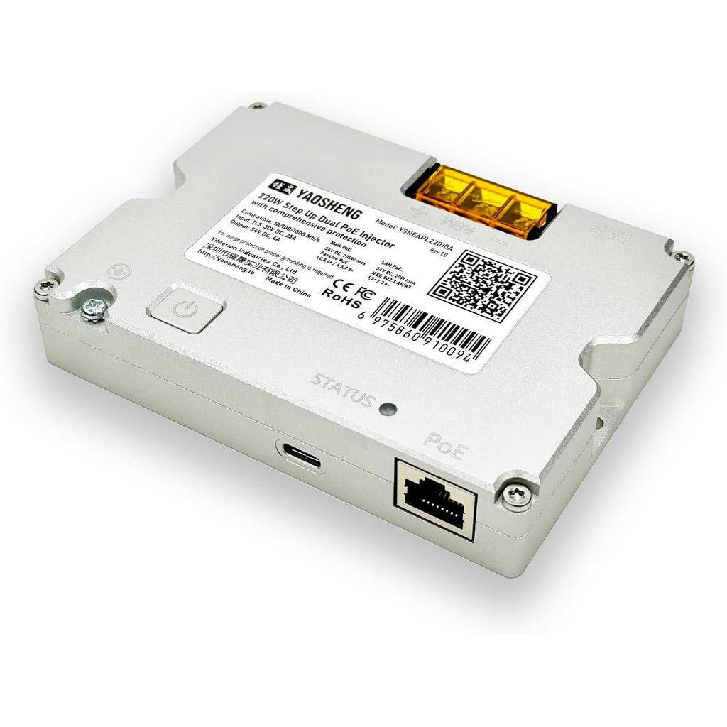 Power your Starlink GEN3 dish with the Yaosheng 220W Dual PoE Injector. Step up power for custom setups or off-grid systems requiring high, stable wattage.