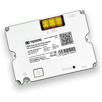 Power your Starlink GEN3 dish with the Yaosheng 220W Dual PoE Injector. Step up power for custom setups or off-grid systems requiring high, stable wattage.