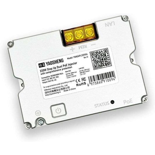 Power your Starlink GEN3 dish with the Yaosheng 220W Dual PoE Injector. Step up power for custom setups or off-grid systems requiring high, stable wattage.