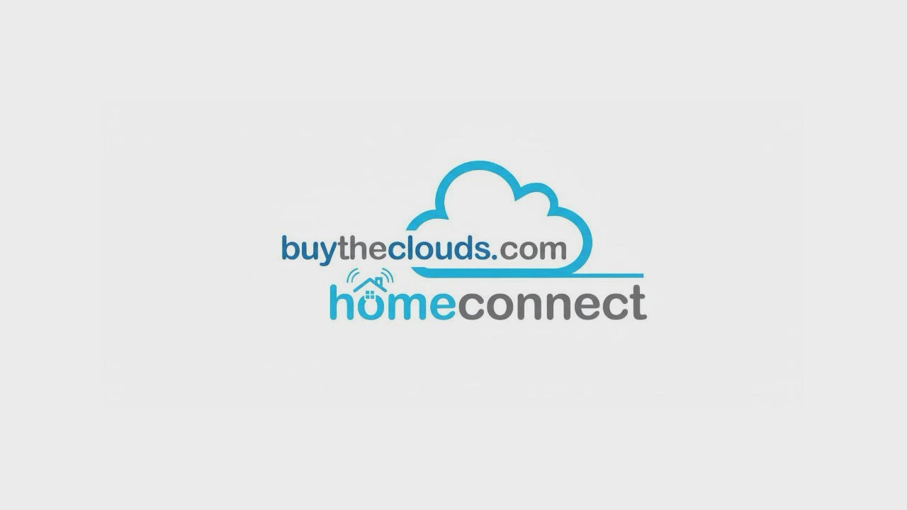 Load video: A fast-paced montage showcasing smart home technology. The video opens with the BuyTheClouds HomeConnect logo. It transitions to three main clips: first, a close-up of the Wyze Lock automatically extending its bolt to secure a door; second, a Roomba iRobot vacuum cleaning a hardwood floor seamlessly; and third, a first-person perspective showing a person speaking a command to an Amazon Alexa-enabled device, followed by a smart light turning on. The clips are intercut with dynamic text overlays highlighting the benefits of &quot;Security,&quot; &quot;Automation,&quot; and &quot;Voice Control.&quot; The video ends with the company logo and a call to action.